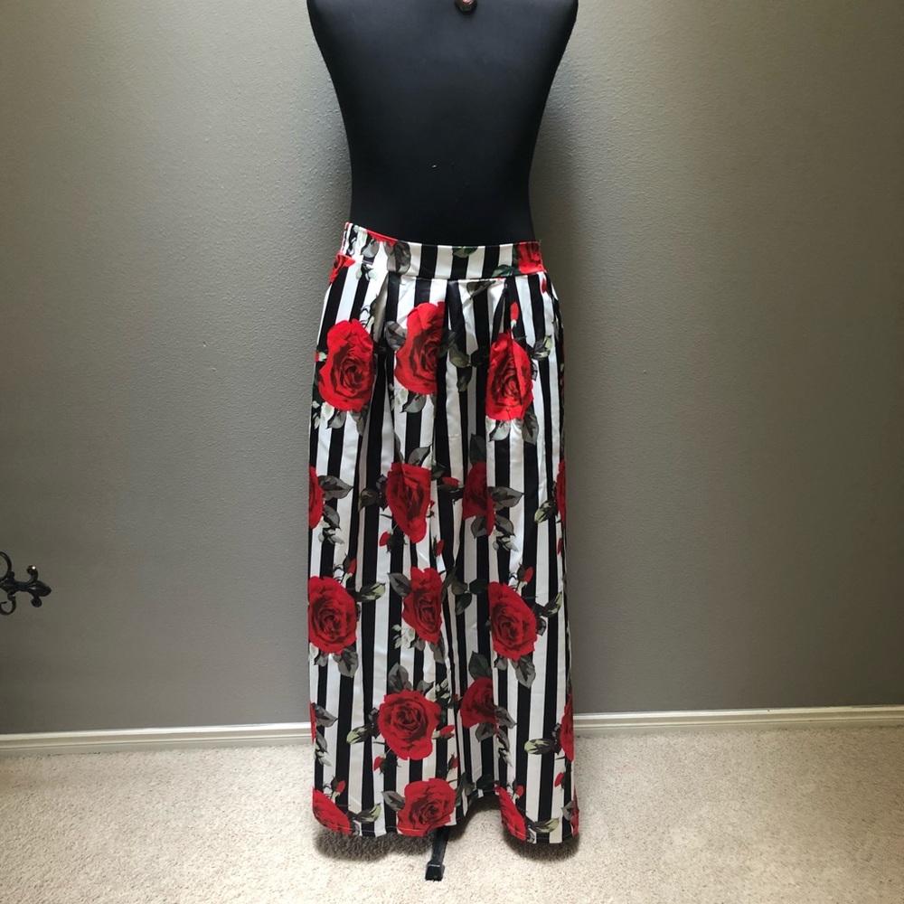 Black and white skirt with red roses